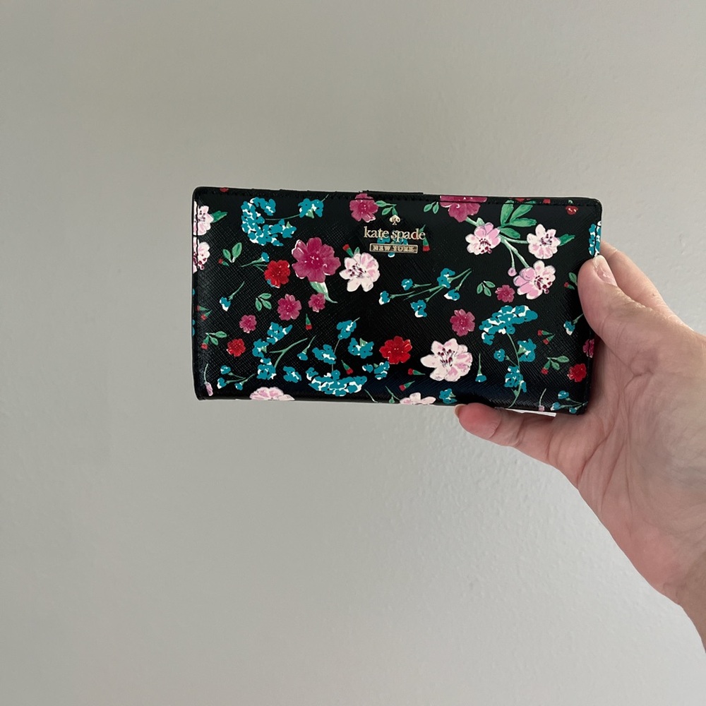 Kate Spade Black Wallet with Pink Floral Design